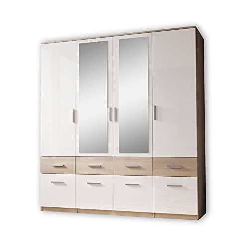 Stella Trading BOX Eleganter Kleiderschrank mit Spiegel & Schubladen - Geräumiger Drehtürenschrank in Sonoma Eiche Optik, Weiß - 180 x 198 x 55 cm (B/H/T) von Stella Trading