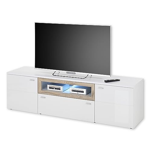 BRÜNN TV-Lowboard mit LED-Beleuchtung in Weiß, Viking Oak Optik - Moderner TV Schrank mit Schublade und viel Stauraum für Ihr Wohnzimmer - 180 x 52 x 44 cm (B/H/T) von Stella Trading