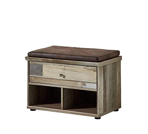 Bonanza Vintage Schuhbank mit Sitzfläche in Driftwood Optik - bequeme Retro Sitzbank mit Stauraum für Ihren Flur - 67 x 47 x 40 cm (B/H/T) von Stella Trading