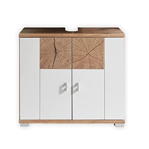 Stella Trading Badezimmer Waschbeckenunterschrank in Wildeiche Optik, Weiß matt - Bad Unterschrank Badezimmerschrank mit viel Stauraum - 70 x 62 x 40 cm (B/H/T) von Stella Trading