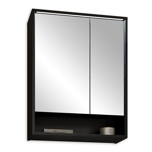 BERLIN Spiegelschrank Bad mit LED-Beleuchtung in Schwarz - Moderner Badezimmerspiegel Schrank mit viel Stauraum - 60 x 75 x 20 cm (B/H/T) von Stella Trading