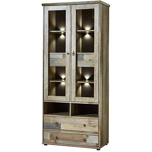 Stella Trading Bonanza Vintage Vitrine in Driftwood Optik - ausdrucksstarke Retro Glasvitrine inkl. LED Beleuchtung - 83 x 188 x 39 cm (B/H/T) von Stella Trading