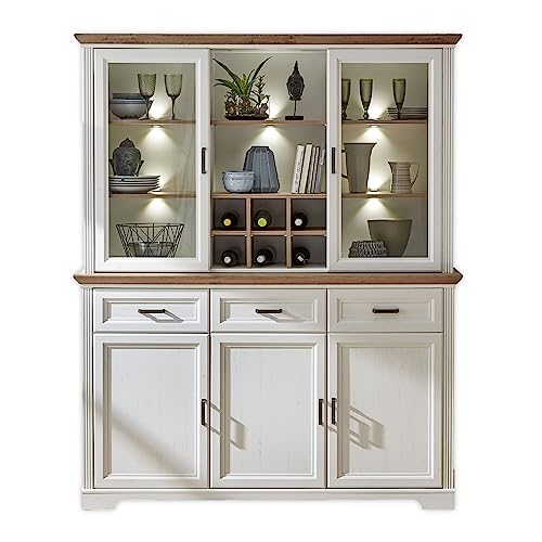 Stella Trading Buffetschrank in Pinie hell, Artisan Eiche Optik - Vitrinenschrank mit LED-Beleuchtung und viel Stauraum im Landhausstil - 166 x 205 x 48 cm (B/H/T) von Stella Trading