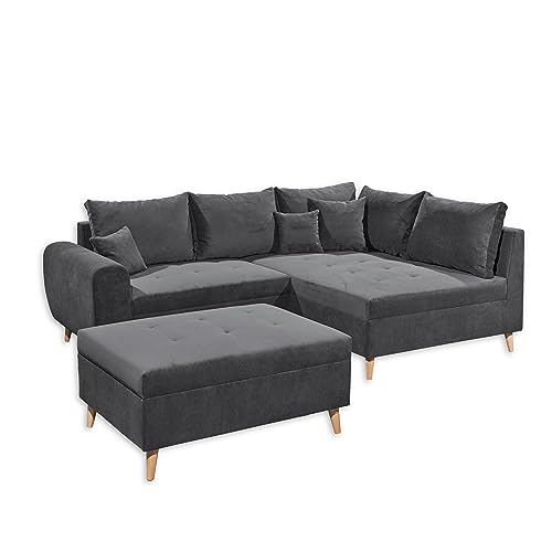 CALANDA Ecksofa mit Hocker, Stoffbezug Anthrazit - Moderne Eckcouch mit Kissen & Massivholz Füßen - 249 x 94 x 175 cm (B/H/T) von Stella Trading