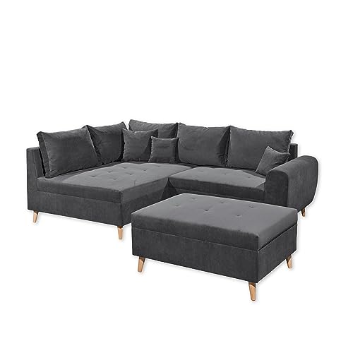 CALANDA Ecksofa mit Hocker, Stoffbezug Anthrazit - Moderne Eckcouch mit Kissen & Massivholz Füßen - 249 x 94 x 175 cm (B/H/T) CALANDA Ecksofa mit Hocker, Stoffbezug Anthrazit - Moderne Eckcouch mit Kissen & Massivholz Füßen - 249 x 94 x 175 cm (B/H/T) von Stella Trading