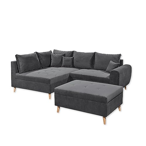 CALANDA Ecksofa mit Hocker, Stoffbezug Anthrazit - Moderne Eckcouch mit Kissen & Massivholz Füßen - 249 x 94 x 175 cm (B/H/T) von Stella Trading