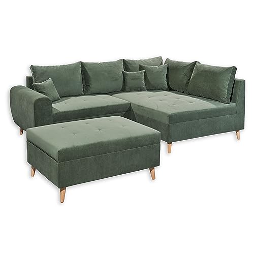 CALANDA Ecksofa mit Hocker, Stoffbezug Moosgrün - Moderne Eckcouch mit Kissen & Massivholz Füßen - 249 x 94 x 175 cm (B/H/T) von Stella Trading