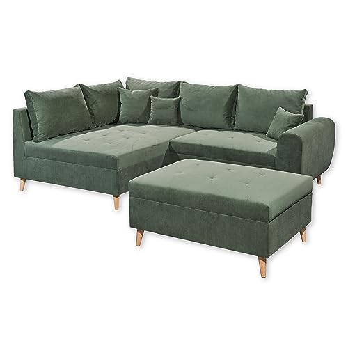 CALANDA Ecksofa mit Hocker, Stoffbezug Moosgrün - Moderne Eckcouch mit Kissen & Massivholz Füßen - 249 x 94 x 175 cm (B/H/T) CALANDA Ecksofa mit Hocker, Stoffbezug Moosgrün - Moderne Eckcouch mit Kissen & Massivholz Füßen - 249 x 94 x 175 cm (B/H/T) von Stella Trading
