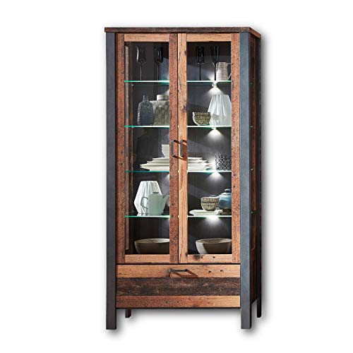 Stella Trading CARDIFF Vintage Vitrine in Used Style Optik (dark) - ausdrucksstarke Retro Glasvitrine inkl. LED Beleuchtung - 94 x 194 x 40 cm (B/H/T) von Stella Trading