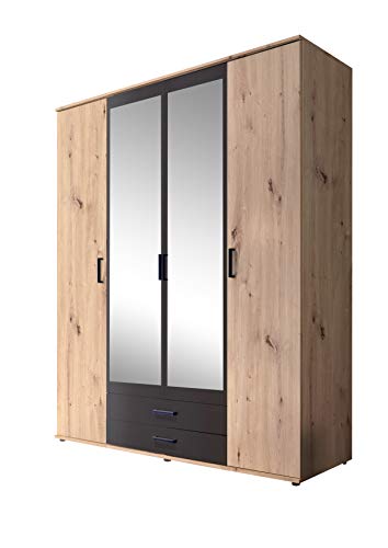 Stella Trading CHICAGO Eleganter Kleiderschrank mit viel Stauraum - Vielseitiger Drehtürenschrank in Artisan Eiche Optik und Absetzungen in Anthrazit - 156 x 197 x 54 cm (B/H/T) von Stella Trading