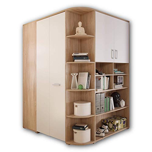 Stella Trading CORNER Begehbarer Eckkleiderschrank für Kinder- & Jugendzimmer - Großer Kleiderschrank mit viel Stauraum in Eiche Sonoma Optik, weiß - 146 x 198 x 133 cm (B/H/T) von Stella Trading