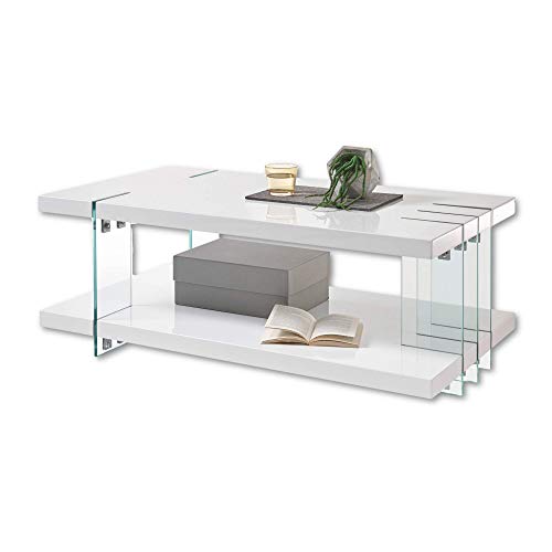 Stella Trading DALLAS Eleganter Couchtisch weiß Hochglanz auf fünf Glaswangen - stylisher Sofatisch mit Ablage für Ihren Wohnbereich - 110 x 40 x 60 cm (B/H/T) von Stella Trading
