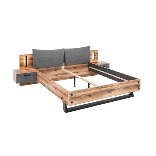 Stella Trading DOVER Stilvolle Doppelbett Bettanlage mit Nachtkommoden & LED-Beleuchtung 180 x 200 cm - Schlafzimmer Komplett-Set in Alpine Lodge Optik, Betonoxid - 289 x 97 x 216 cm (B/H/T) von Stella Trading