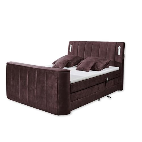 DALLAS 6 Boxspringbett 180x200 elektrisch verstellbar, Aubergine - Bequemes Doppelbett mit motorisierter TV-Halterung & LED-Beleuchtung - 186 x 126 x 244 cm (B/H/T) von Stella Trading