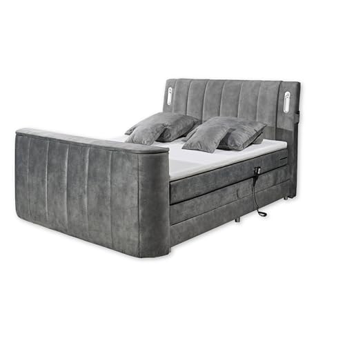 DALLAS 6 Boxspringbett 180x200 elektrisch verstellbar, Grau - Bequemes Doppelbett mit motorisierter TV-Halterung & LED-Beleuchtung - 186 x 126 x 244 cm (B/H/T) von Stella Trading