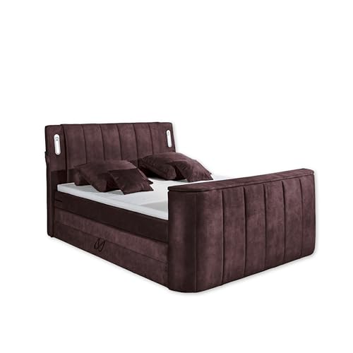 DALLAS 6 Boxspringbett 180x200 mit Bettkasten, Aubergine - Bequemes Doppelbett mit motorisierter TV-Halterung & LED-Beleuchtung - 186 x 126 x 244 cm (B/H/T) von Stella Trading