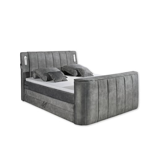 DALLAS 6 Boxspringbett 180x200 mit Bettkasten, Grau - Bequemes Doppelbett mit motorisierter TV-Halterung & LED-Beleuchtung - 186 x 126 x 244 cm (B/H/T) von Stella Trading