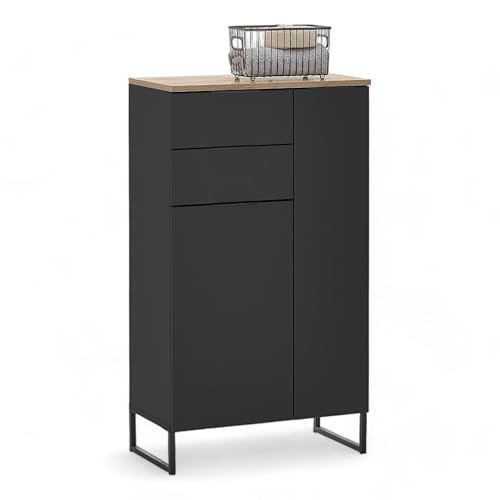 Stella Trading Denver Badezimmer Kommode in Schwarz/Evoke Eiche Optik FSC-Zertifiziert - Badezimmerschrank Bad Schrank mit viel Stauraum - 60 x 106 x 32 cm (B/H/T) von Stella Trading