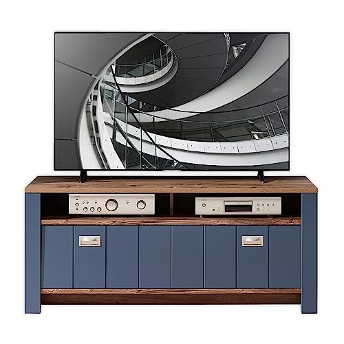 DIJON TV-Lowboard in Parisian Blue, Haveleiche Cognac Optik - Moderner TV Schrank mit viel Stauraum für Ihr Wohnzimmer - 147 x 63 x 45 cm (B/H/T) von Stella Trading