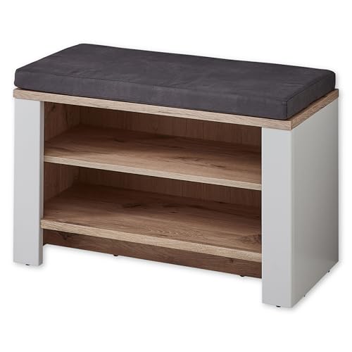 Stella Trading Dijon Schuhbank mit Sitzfläche in Ashgrey, Viking Oak Optik - Moderne Sitzbank mit Stauraum für Flur und Garderobe - 81 x 52 x 38 cm (B/H/T) von Stella Trading