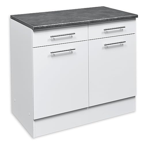 EDDY Moderner Küchenunterschrank in Weiß matt, Metallic Grau - Geräumiger Unterschrank Küche mit viel Stauraum - 100 x 90 x 60 cm (B/H/T) von Stella Trading