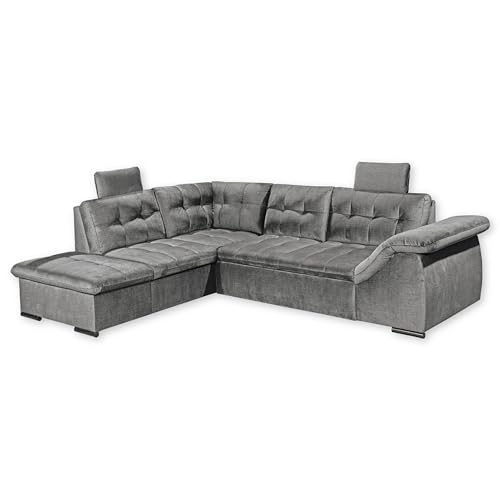 ESTRELLA Ecksofa mit Schlaffunktion in Grau - Moderne Eckcouch mit Bettkasten und verstellbarer Armlehne - 283 x 84 (107) x 217 cm (B/H/T) von Stella Trading