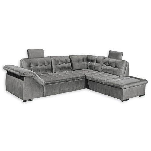 ESTRELLA Ecksofa mit Schlaffunktion in Grau - Moderne Eckcouch mit Bettkasten und verstellbarer Armlehne - 283 x 84 (107) x 217 cm (B/H/T) von Stella Trading