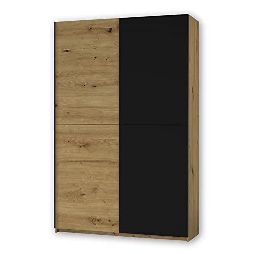 Stella Trading FAST Eleganter Kleiderschrank / Garderobenschrank mit viel Stauraum - Vielseitiger Schwebetürenschrank in Artisan Eiche Optik, Schwarz - 125 x 195 x 38 cm (B/H/T) von Stella Trading