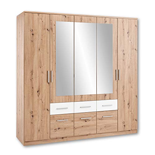 Stella Trading FLORIDA Eleganter Kleiderschrank mit Spiegel - Vielseitiger Drehtürenschrank mit viel Stauraum in Artisan Eiche Optik, Weiß - 212 x 213 x 60 cm (B/H/T) von Stella Trading