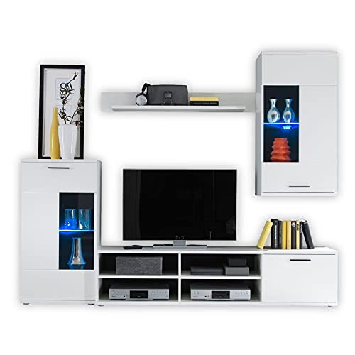 Stella Trading FRONTAL Wohnwand Komplett-Set in Weiß matt - Moderne Schrankwand mit blauer LED-Beleuchtung für Ihr Wohnzimmer - 230 x 185 x 38 cm (B/H/T) von Stella Trading