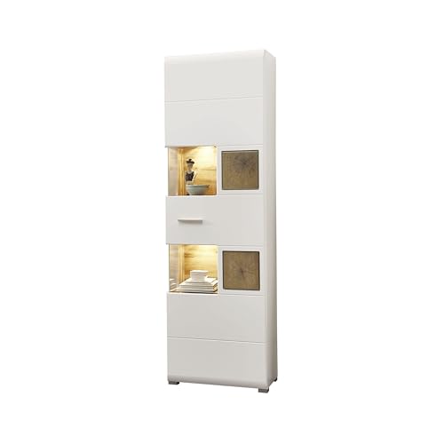 Stella Trading Fun Plus Große Vitrine weiss mit schönen Hirnholz-Applikationen - Moderne Glasvitrine inkl. LED Beleuchtung - 65 x 205 x 37 cm (B/H/T) von Stella Trading