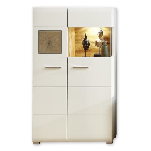 Stella Trading Fun Plus Kleine Vitrine weiss mit schönen Hirnholz-Applikationen - Moderne Glasvitrine inkl. LED Beleuchtung - 80 x 139 x 37 cm (B/H/T) von Stella Trading