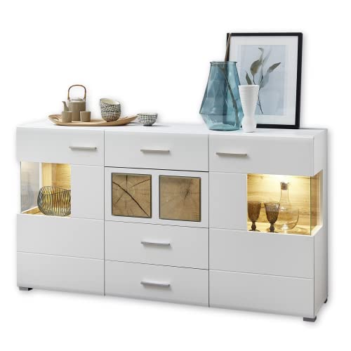 Stella Trading Fun Plus Sideboard weiss mit schönen Hirnholz-Applikationen - Moderne Kommode inkl. LED Beleuchtung - 170 x 94 x 42 cm (B/H/T) von Stella Trading