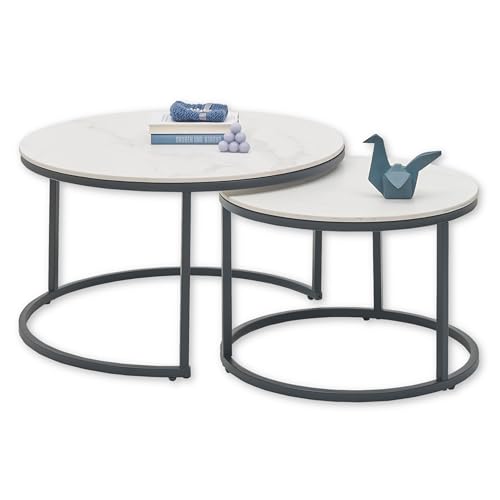 Stella Trading GINO Beistelltisch 2er Set in Marmor Optik rund, Weiß - Modernes Couchtisch Set mit schwarzem Metallgestell - 80 x 42 x 80 cm (B/H/T) von Stella Trading