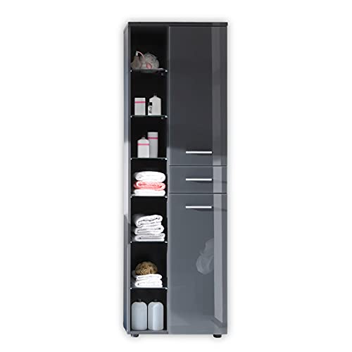 Stella Trading GREY Badezimmer Hochschrank in Grau mit Glasfront-Badezimmerschrank Bad Schrank mit viel Stauraum, Glas von Stella Trading