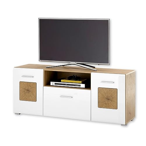 Stella Trading TV-Lowboard in Weiß, Artisan Eiche Optik mit Hirnholz-Applikationen - Moderner TV Schrank mit viel Stauraum für Ihr Wohnzimmer - 140 x 58 x 38 cm (B/H/T) von Stella Trading