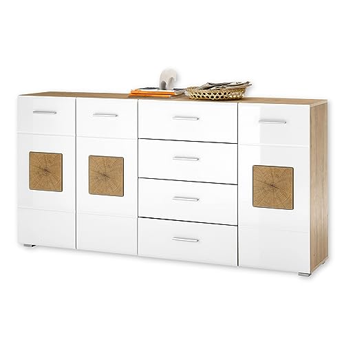 GEORGIA Sideboard in Weiß, Artisan Eiche Optik mit Hirnholz-Applikationen - Moderne Kommode mit Schubladen und viel Stauraum - 180 x 92 x 38 cm (B/H/T) von Stella Trading