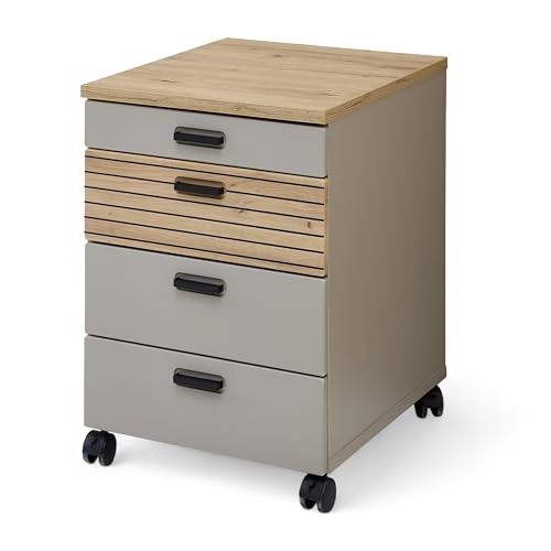 Stella Trading Glenn Rollcontainer Schreibtisch in Basalt, Artisan Eiche Optik - Mobiler Büroschrank mit Schubladen - 45 x 66 x 55 cm (B/H/T) von Stella Trading