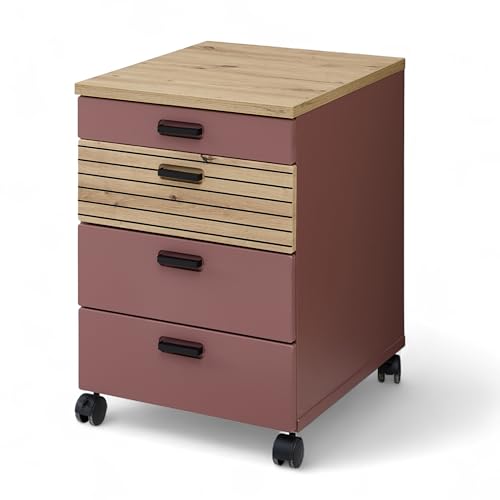 Stella Trading Glenn Rollcontainer Schreibtisch in Rusty Red, Artisan Eiche Optik - Mobiler Büroschrank mit Schubladen - 45 x 66 x 55 cm (B/H/T) von Stella Trading