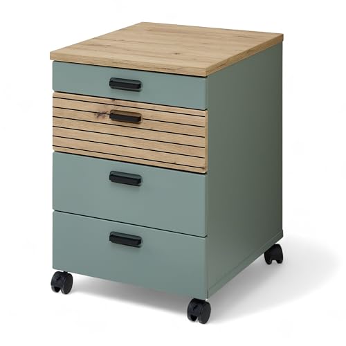 Stella Trading Glenn Rollcontainer Schreibtisch in Schilfgrün, Artisan Eiche Optik - Mobiler Büroschrank mit Schubladen - 45 x 66 x 55 cm (B/H/T) von Stella Trading