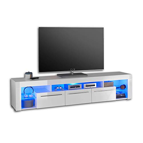GOAL Lowboard in Hochglanz Weiß mit blauer LED-Beleuchtung - hochwertiges TV-Board mit viel Stauraum für Ihr Wohnzimmer - 200 x 44 x 44 cm (B/H/T) von Stella Trading