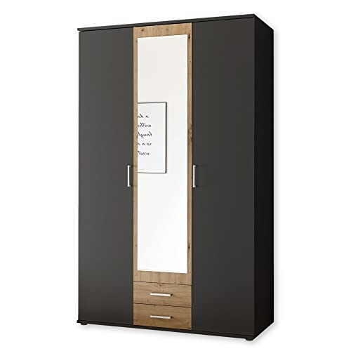 Stella Trading HANAU Kleiderschrank mit Spiegeltür in Graphit, Artisan Eiche Optik - Vielseitiger Drehtürenschrank 3-türig für Ihr Schlafzimmer - 120 x 196 x 54 cm (B/H/T) von Stella Trading