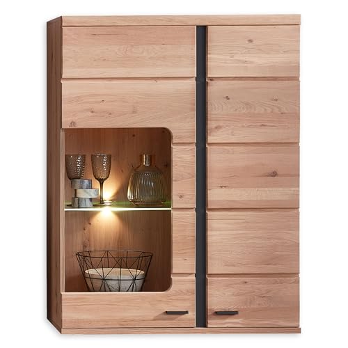 Stella Trading Hängevitrine in Altesche massiv, Old Artisan Oak Optik FSC-Zertifiziert - Moderner Hängeschrank mit LED-Beleuchtung und viel Stauraum - 90 x 120 x 38 cm (B/H/T) von Stella Trading