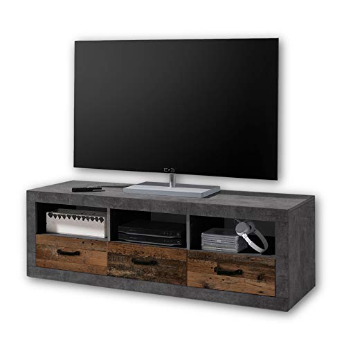 Stella Trading INDIANA Vintage TV-Board in Old Wood Optik, Betonoxid - ausdrucksstarkes Retro Lowboard für Ihr Wohnzimmer - 147 x 49 x 45 cm (B/H/T) von Stella Trading