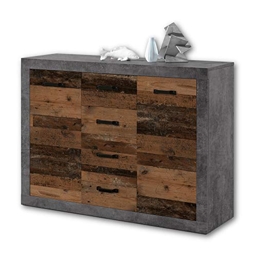 Stella Trading INDIANA Vintage Sideboard in Old Wood Optik, Betonoxid - rustikale Retro Kommode mit viel Stauraum für Ihren Wohnbereich - 117 x 90 x 37 cm (B/H/T) von Stella Trading