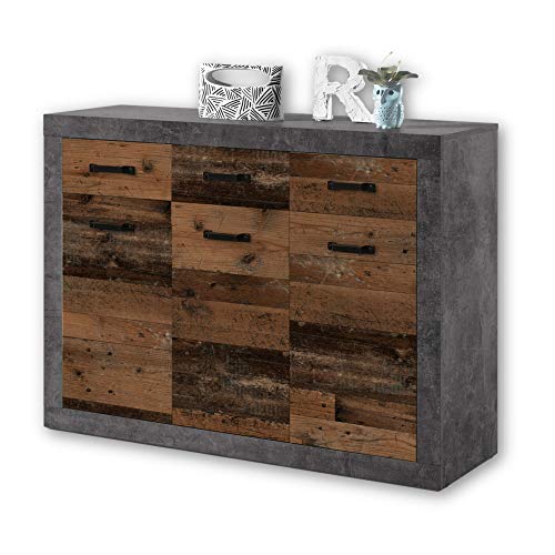Stella Trading INDIANA Vintage Sideboard in Old Wood Optik, Betonoxid - rustikale Retro Kommode mit viel Stauraum für Ihren Wohnbereich - 117 x 90 x 37 cm (B/H/T) von Stella Trading
