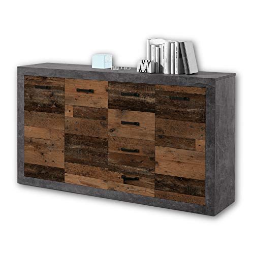 Stella Trading INDIANA Vintage Sideboard in Old Wood Optik, Betonoxid - rustikale Retro Kommode mit viel Stauraum für Ihren Wohnbereich - 152 x 90 x 37 cm (B/H/T),Braun von Stella Trading