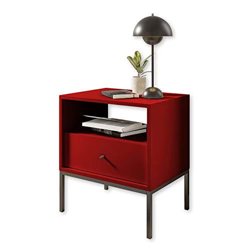 INES Nachttisch mit Metallgestell, Rot - Moderner Nachtschrank mit Schublade und offenem Ablagefach - 54 x 57 x 39 cm (B/H/T) von Stella Trading