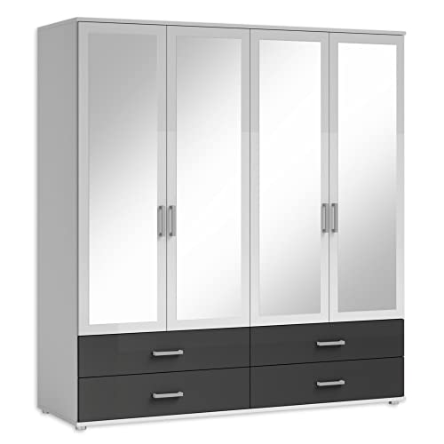 Stella Trading Ivar Kleiderschrank mit Spiegeln und Schubladen - Vielseitiger Drehtürenschrank 4-türig in Weiß, Graphit - 180 x 190 x 51 cm (B/H/T) von Stella Trading