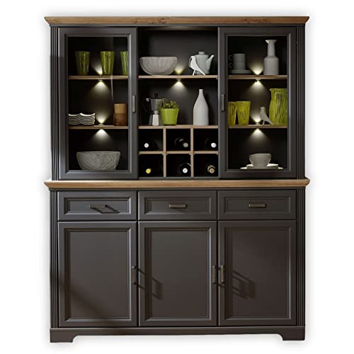 Stella Trading JASMIN Buffetschrank in Artisan Eiche Optik, Graphit - Vitrinenschrank mit LED-Beleuchtung und viel Stauraum im Landhausstil - 166 x 205 x 48 cm (B/H/T) von Stella Trading